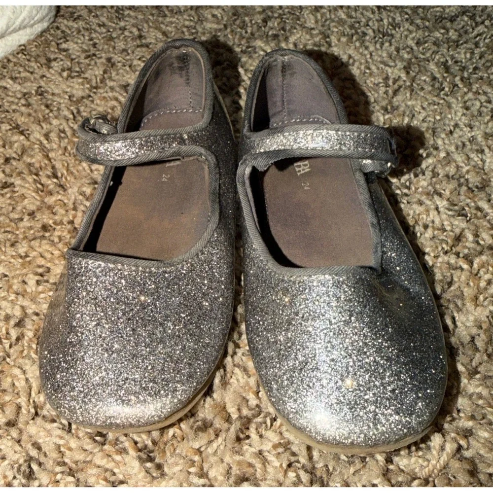 Zara-Girls Dark Brown Silver Glitter Finish Mary Jane Ballet Shoes 9.5 (24)